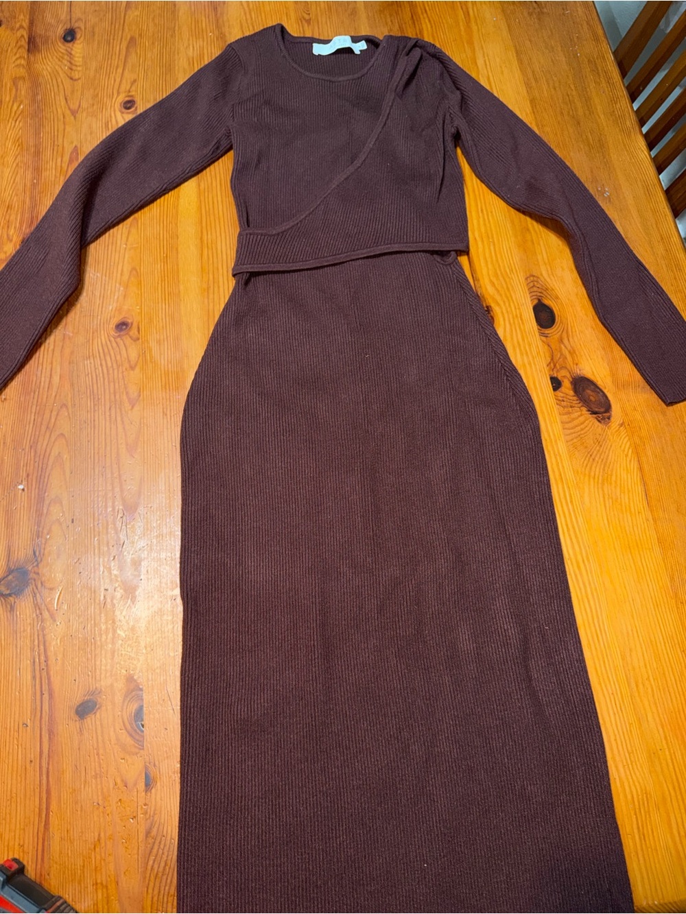 Astr Chocolate Brown Ribbed Knit Long Sleeve Two-Piece Dress Set